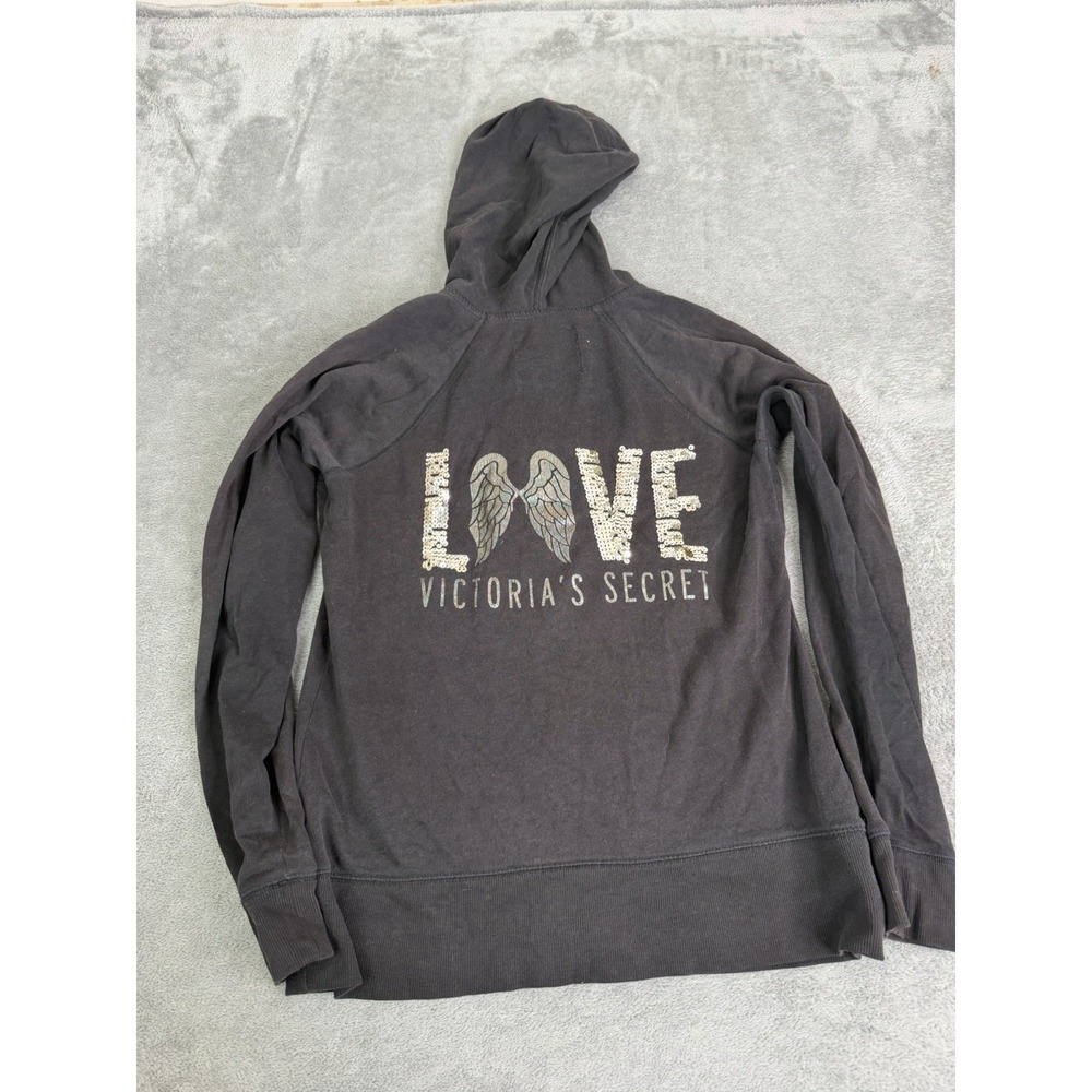 Vintage Y2K Victoria's Secret Love Pink Full Zip Hoodie Women's Size Small Black